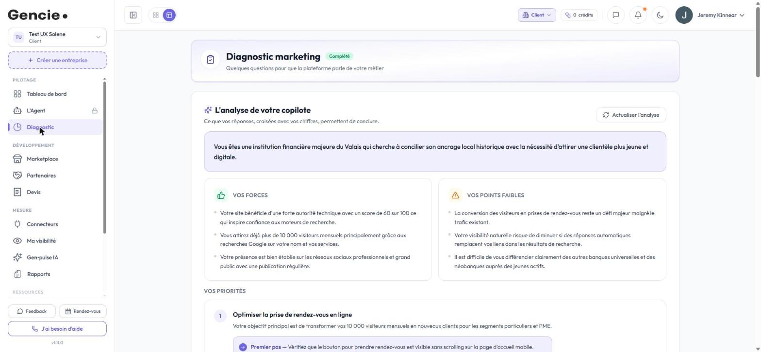 Écran de recommandations Gen•pulse dans l'application Gencie
