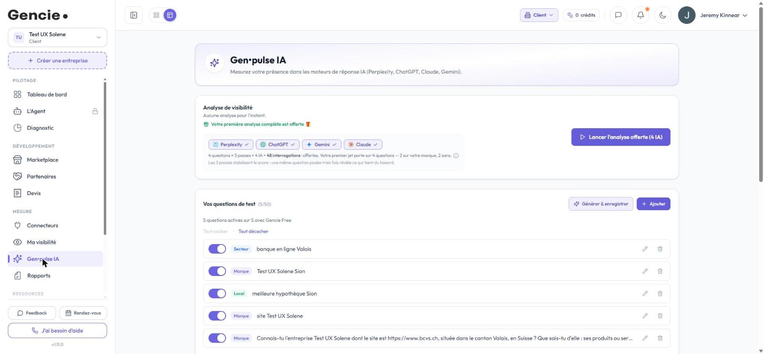 Écran Gen•pulse IA de l'application Gencie, réglage des moteurs et des questions de test
